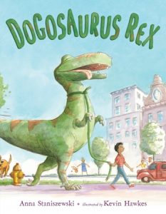 Cover of Dogosaurus Rex by Anna Staniszewski; boy walking a T. Rex on leash